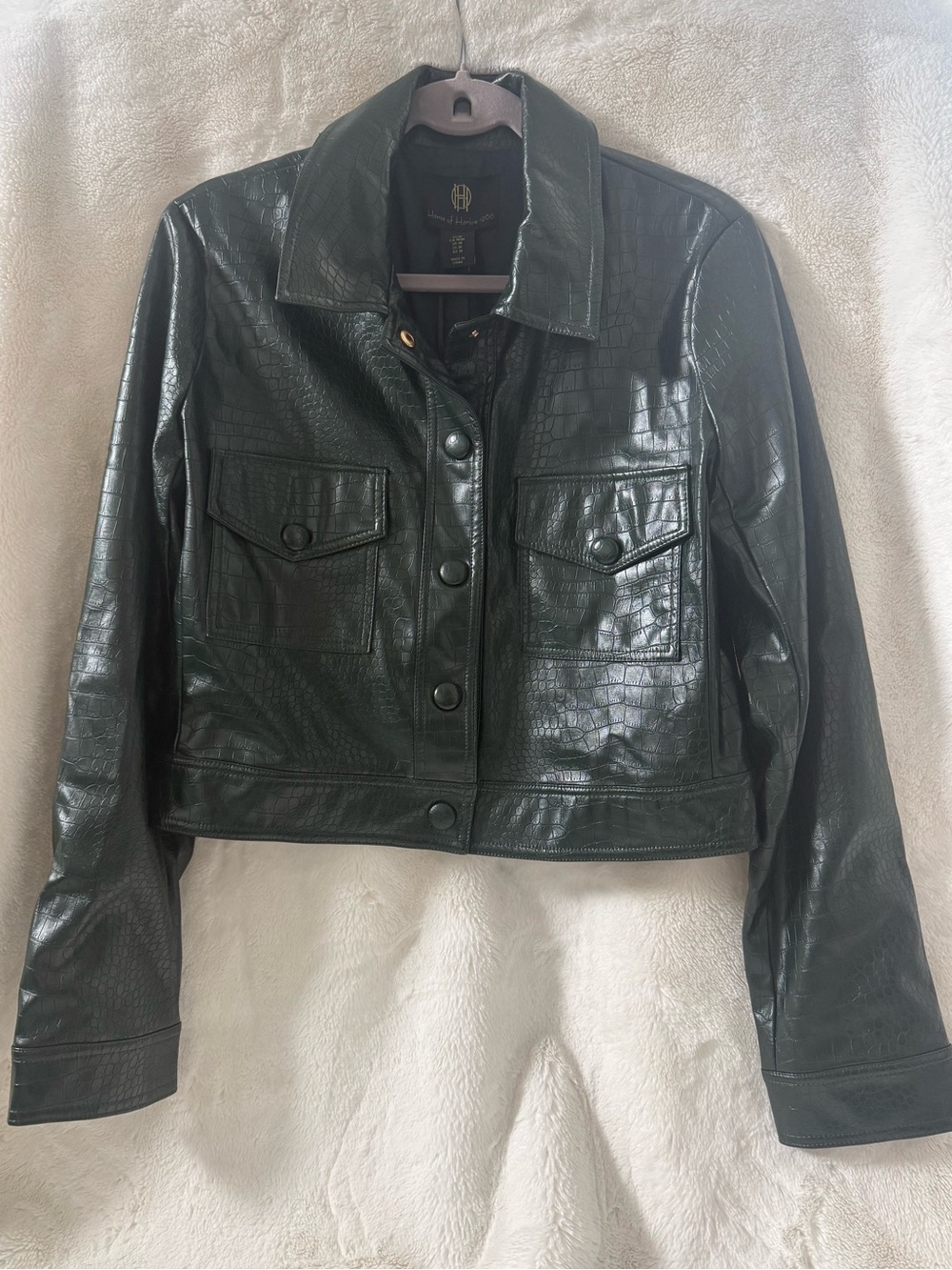 House Of Harlow Womens (M) Faux Croc Vegan Leather Jacket - Dark Green NWT